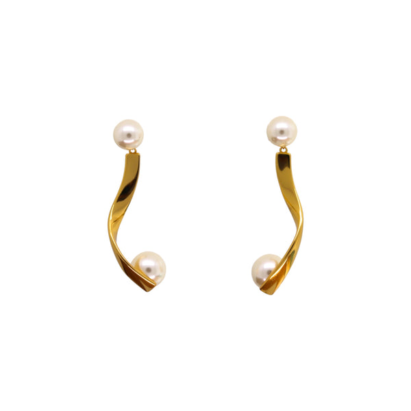 Stylish Freshwater Pearl and Gold-Plated Silver Swirling Earrings