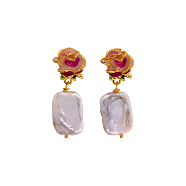 Romantic Elegance: Vintage-Inspired Rose and Baroque Pearl Drop Earrings