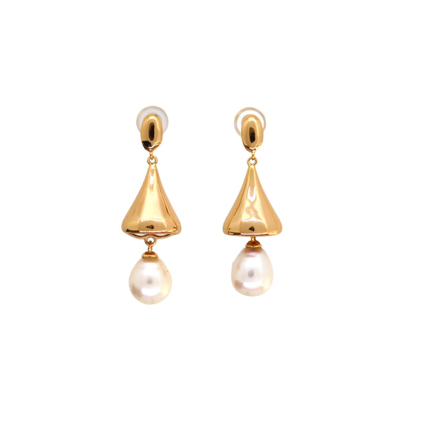 Wing Bell Inspired Gold-Plated Silver and Pearl Earrings