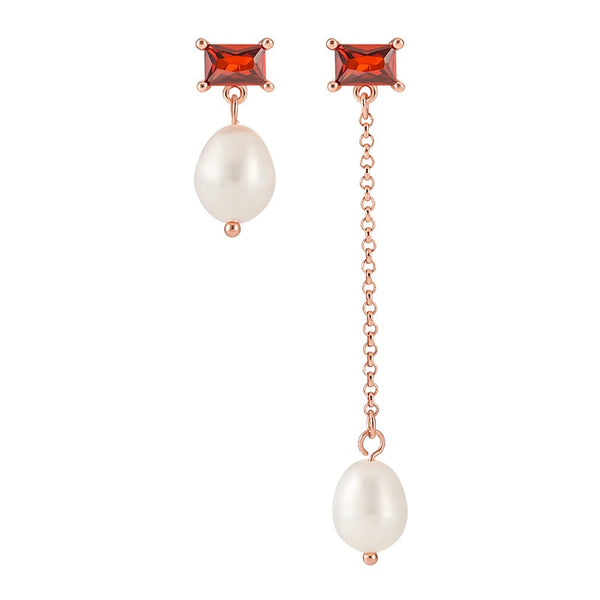 Asymmetrical Elegance: Garnet and Freshwater Pearl Earrings