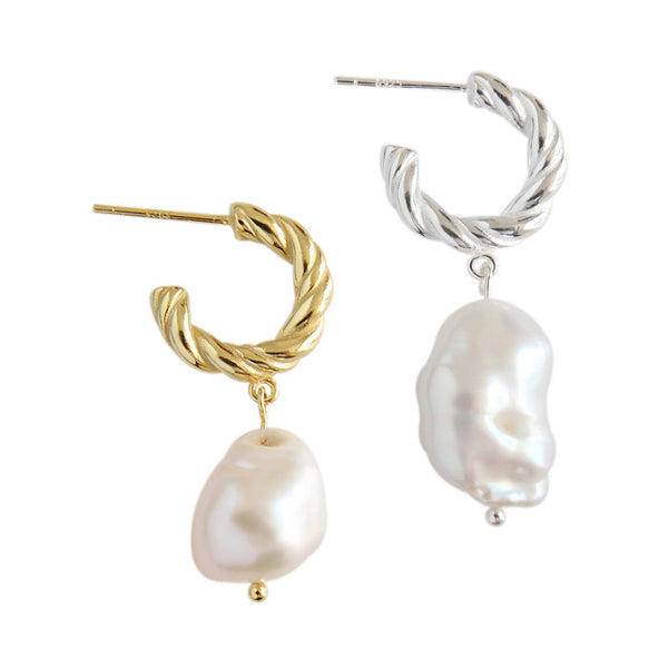 Twisted Hoop Earrings with Baroque Pearl Drop